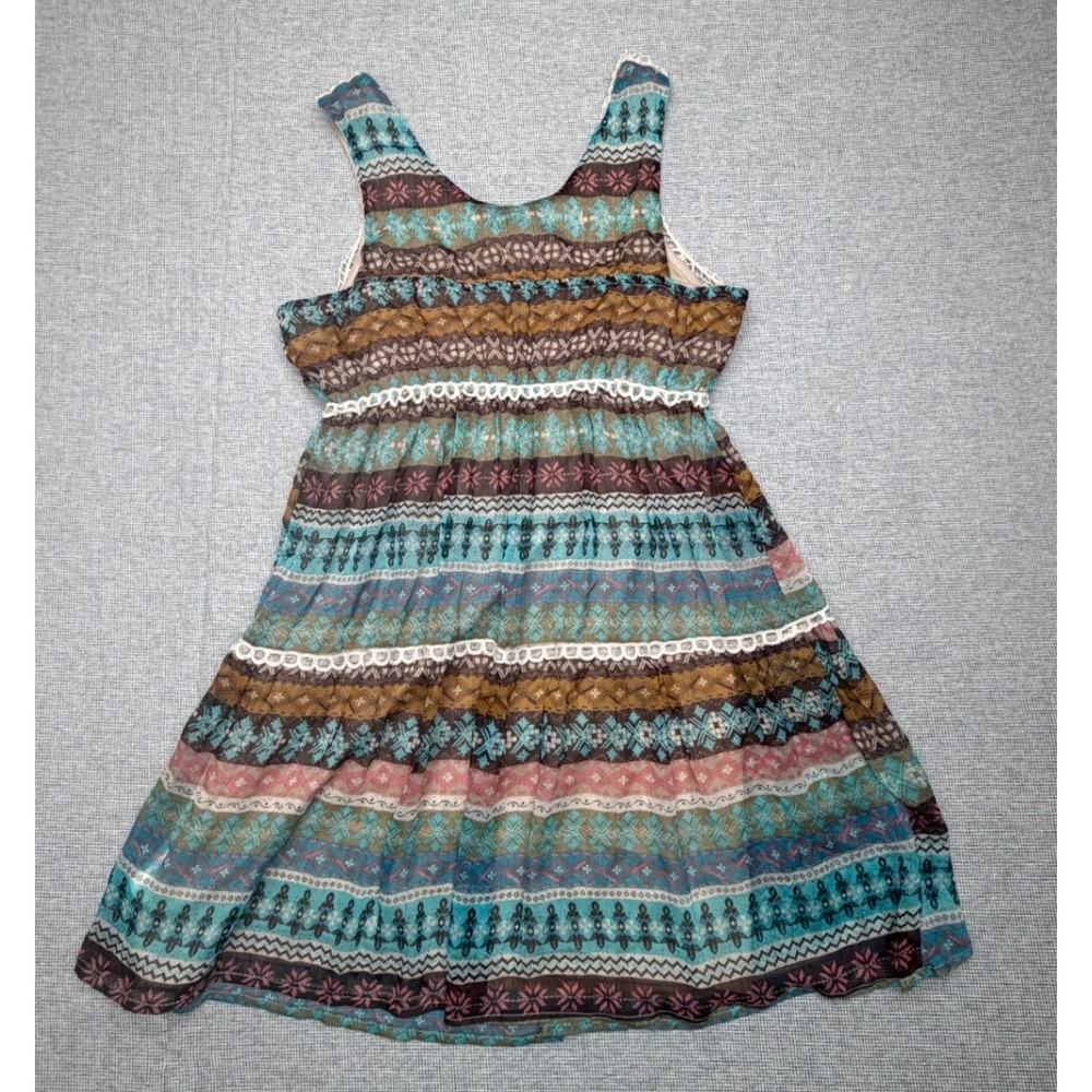 Ultra Pink Boho Lace Trim Geometric Print Tiered Mini Dress XL Turquoise Brown - Picture 3 of 3